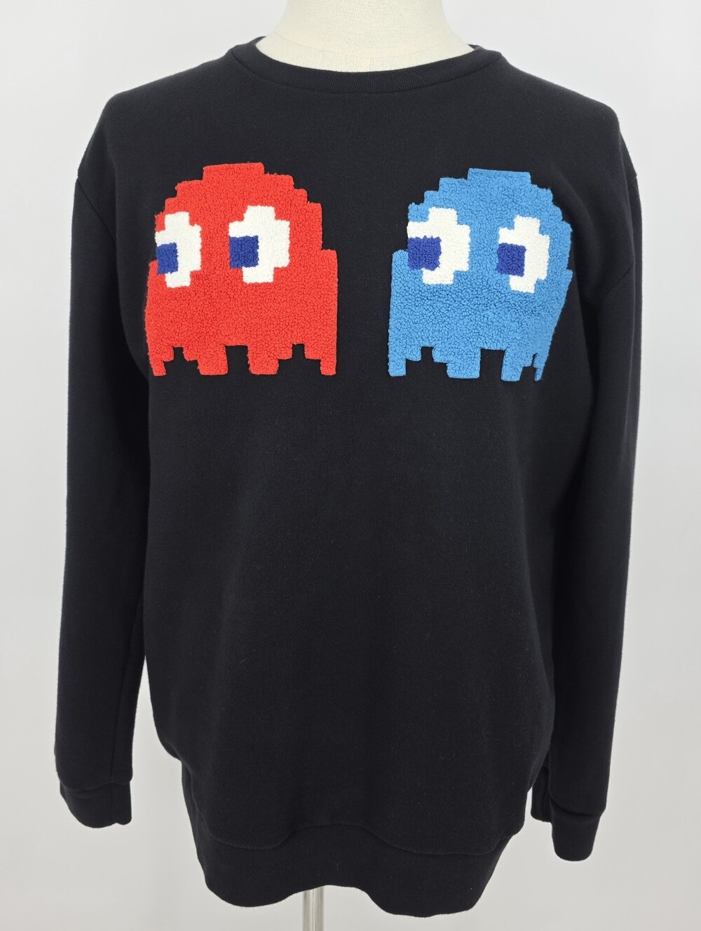 Zara x PAC-MAN Sweatshirt Men XL Black Chenille Ghost Retro Arcade